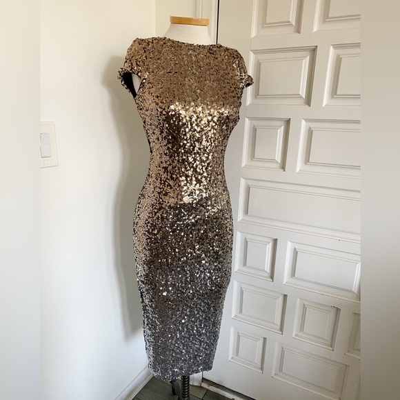 Dress The Population Ombré Gold Silver Sequin Dress Cap Sleeve Low Back Medium - Picture 9 of 12